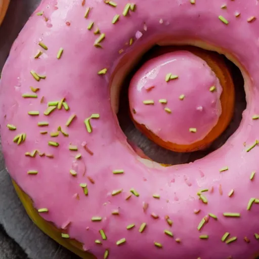 Image similar to a close up photo of a delicious looking pink frosted donut, high quality, hd, food photography