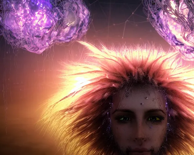 Image similar to realistic textured magnetosphere, beautiful hairy humanoids, love, joy, complex cybernetic beings, glowing hair, vortexes, large array, ornate hair, cinematic light shadows, wet hdr refractions, insanely detailed rendering, cybernetic civilizations, 8 k, * * * * *