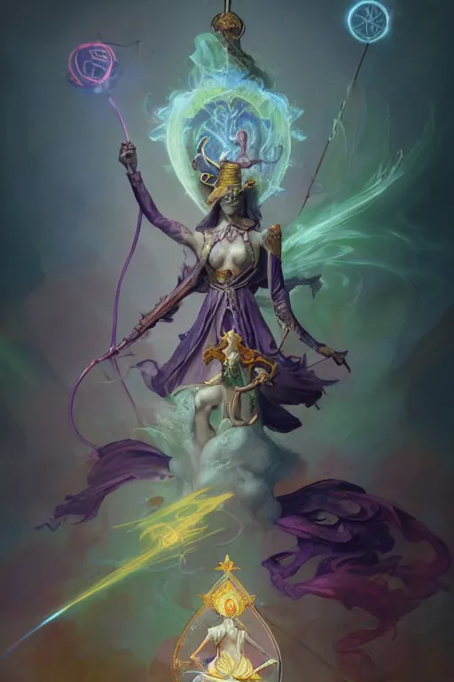 Image similar to an beautiful rendering of a tarot card of High Arcane based on the original rider waite tarot deck, full of colors, insane details, concept art, elegant, by Peter Mohrbacher and brian froud, hyperrealistic, octane render, by Greg Rutkowski, RPG portrait, dynamic lighting