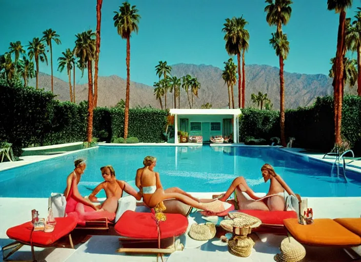 Prompt: a detailed photograph of 1 9 7 0 s palm springs backyard pool by slim aarons, poolside glamour, photoreal, getty images, 4 k