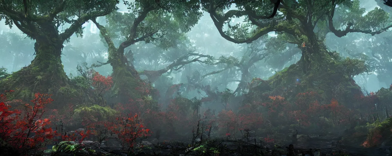 Image similar to a stunning wide shot view of a mythical rainforest, colorful trees, screenshot from bloodborne