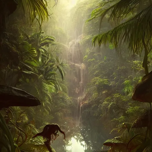 Prompt: jungle imagined by greg rutkowski under the influence of ayahuasca, trending on artstation, award - winning artwork