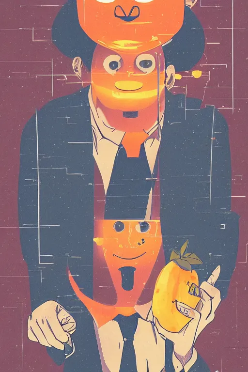 Image similar to tatsuki fujimoto illustration of an orange-headed businessman, creepy face, cyberpunk city