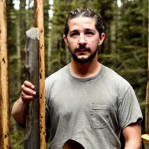 Image similar to shia labeouf in a cabin siting down, sharping an axe at a grind stone, dark interior, horror movie, far away, outside is forest, light out side shinning into window