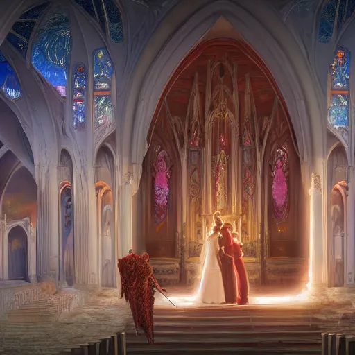 Image similar to an beautiful and detailed matte painting of a lesbian wedding between evil pyromancer and a red mage, unholy union, white church background, god rays, sharp focus, highly detailed, cinematic lighting, studio quality, colorful, smooth render, vector illustration, award winning, by artgerm, greg rutkowski, alphonse mucha
