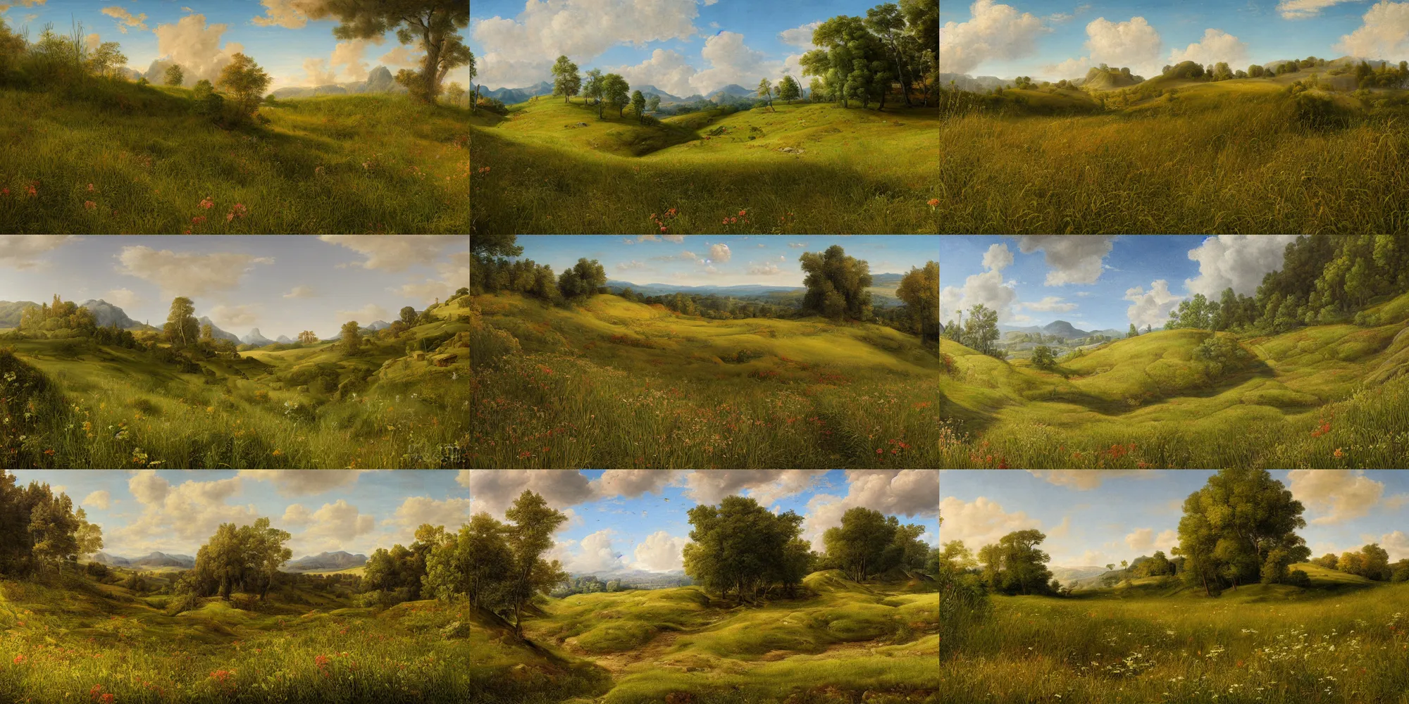 Prompt: highly detailed painting of a grassy summer terrain, 4 k resolution, by jaquis luis david, visible paint layers, renaissance.