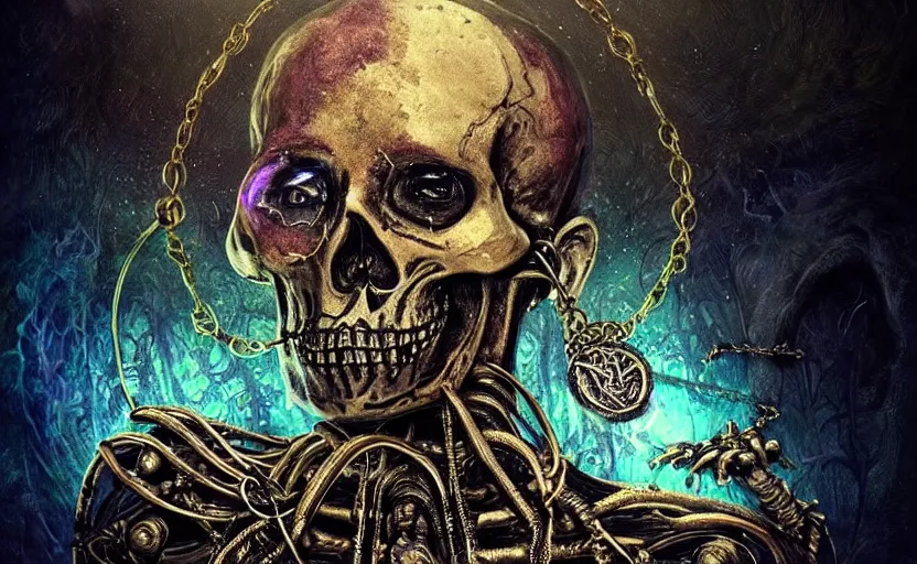 Prompt: psychedelic skeleton with trinket necklace, looking upward, epic angle and pose, reflective pool, symmetrical artwork, ayahuasca, translucent, fungus, energy flows of water and fire, highly detailed, epic cinematic concept art, excellent composition, dystopian brutalist atmosphere, dynamic dramatic lighting, aesthetic, very inspirational, arthouse, Greg Rutkowski, Artgerm