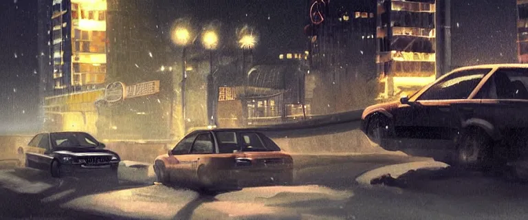 Image similar to Audi A4 B6 Avant (2002), a gritty neo-noir, dramatic bright lighting, cinematic, establishing shot, extremely high detail, photorealistic, cinematic lighting, artstation, by simon stalenhag, Max Payne (PC) (2001) winter new york at night