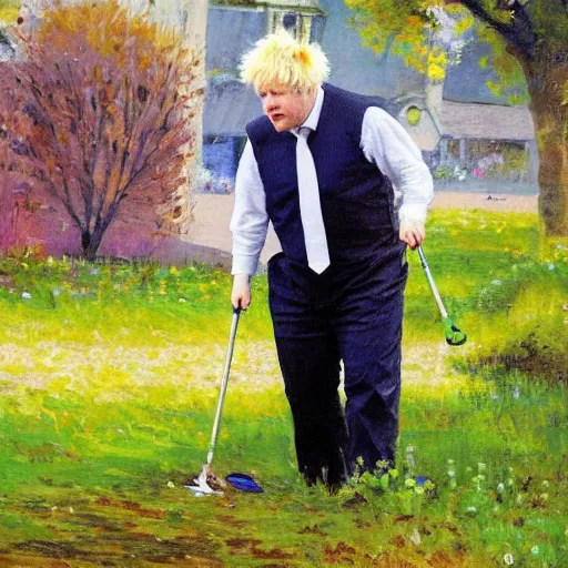 Prompt: An impressionist painting of Boris Johnson doing community service in a high vis vest, he is picking litter on a British street