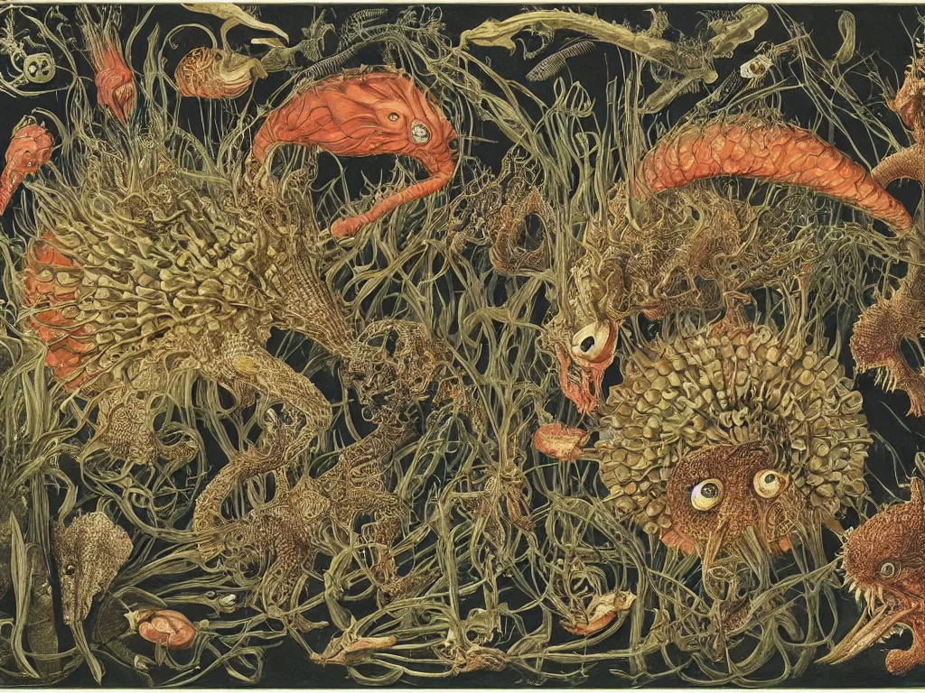 Prompt: The creature with a hundred eyes. Painting by Walton Ford, Ernst Haeckel, Maria Sibylla Merian