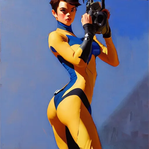 Image similar to greg manchess painting of tracer wearing a skintight suit, medium shot, organic painting, sunny day, bold shapes, hard edges, street art, trending on artstation, by huang guangjian and gil elvgren and sachin teng and artgerm and greg rutkowski and alphonse mucha