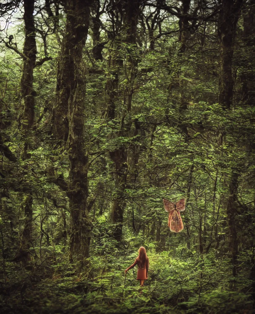 Image similar to dartmoor forest, cute female moth winged sprite creature, near camera, cinematic, bloom, cinematography, fog, magical