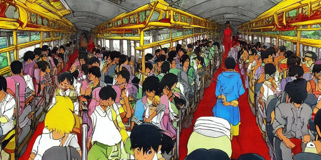 Image similar to inside sri lankan bus, drawn by hayao miyazaki