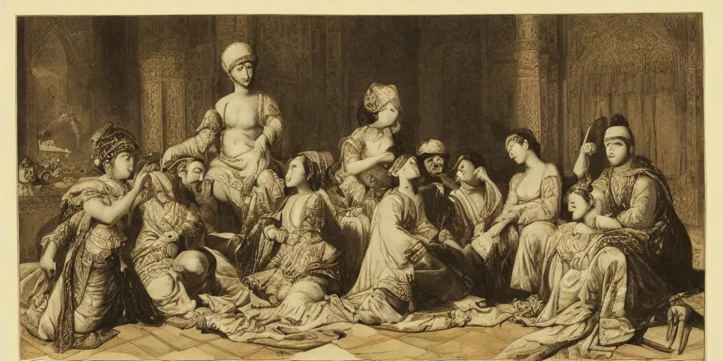 Image similar to sultan and his harem, lithograph