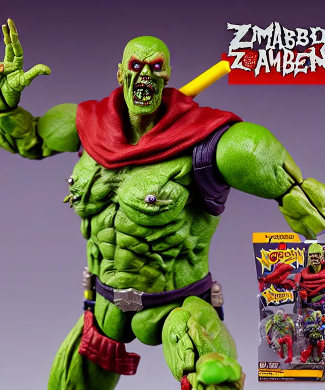 Image similar to hyperrealistic rendering, president zombie is motu action figure, product photography