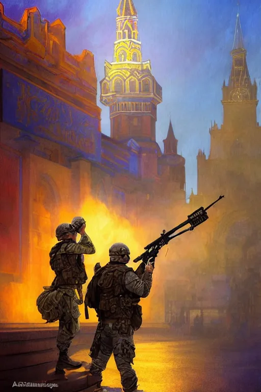 Image similar to special forces soldier installin ukrainian blue and yellow flag on red square kremlin, masculine figure, d & d, fantasy, bright atmosphere, volumetric lights, intricate, elegant, extremely detailed, digital painting, artstation, concept art, matte, smooth, sharp focus, hyper realistic, illustration, art by artgerm and greg rutkowski and alphonse mucha