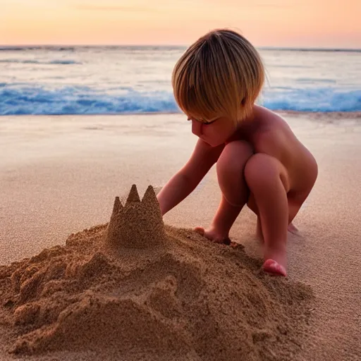 Prompt: little blond girl, making a sandcastle!!! on an Australian Beach, red!!! sand, golden hour, Canon EOS R3, f/1.4, ISO 200, 1/160s, 8K, RAW, unedited, symmetrical balance, in-frame