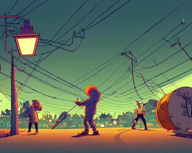 Image similar to a study of cell shaded cartoon of a band playing a microKorg synthesizer and drums floating above a country road, street lamps, road, illustration, wide shot, subtle colors, post grunge, concept art by josan gonzales and wlop, by james jean, Victo ngai, David Rubín, Mike Mignola, Laurie Greasley, highly detailed, sharp focus, Trending on Artstation, HQ, deviantart, art by artgem