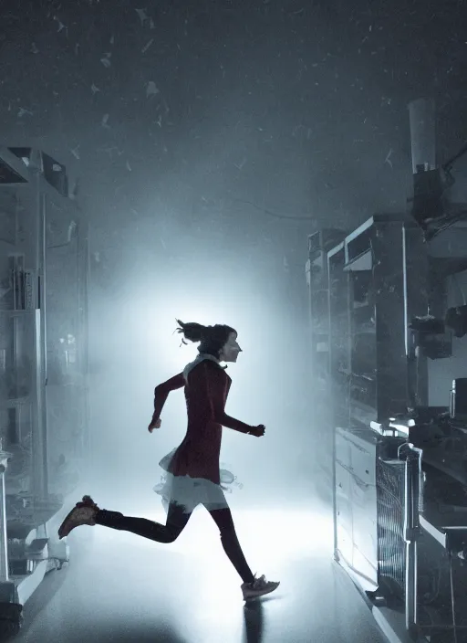 Prompt: a stock photo of a halloween female scientist running from a monster in a lab, wide shot, 2 4 mm lens, cinematic lighting, volumetric fog, iso 8 0 0, shallow depth of field, horror movie, award winning