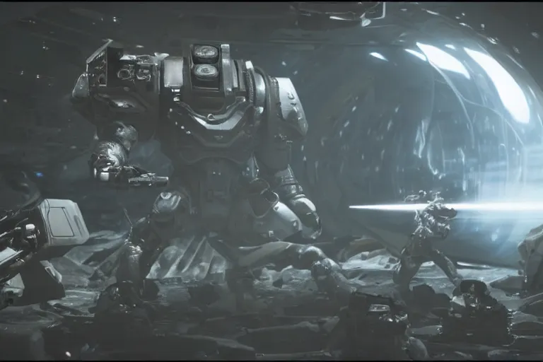 Prompt: VFX movie of a futuristic inhuman alien spacemarines in future spaceship, firing gun at space pirates detailed surface cinematic lighting by Emmanuel Lubezki