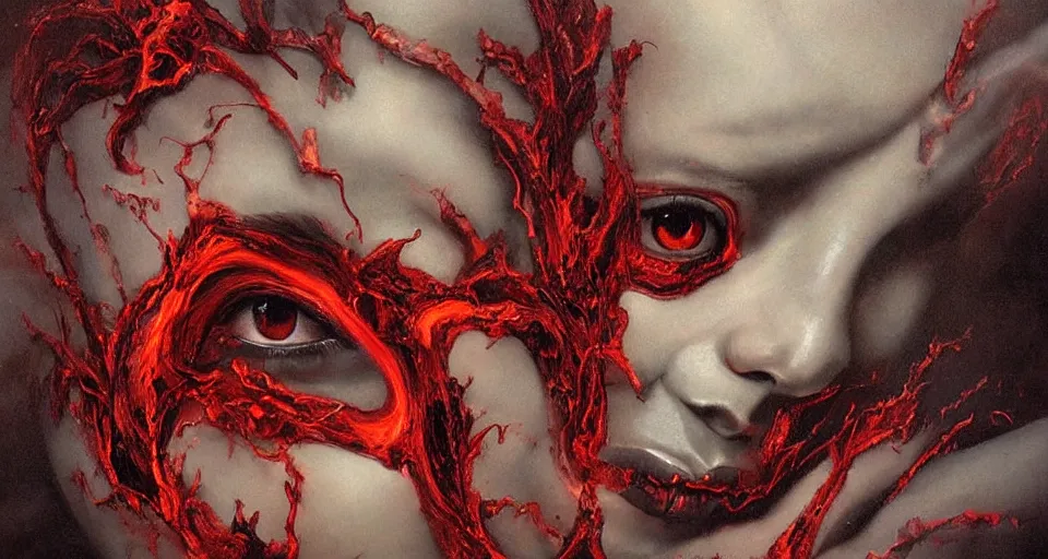 Image similar to a volcano made of ivory vines and crimson rocks enters in eruption, it spits a smoke in the shape of demonic eye, by Karol Bak, by Gainax Co,