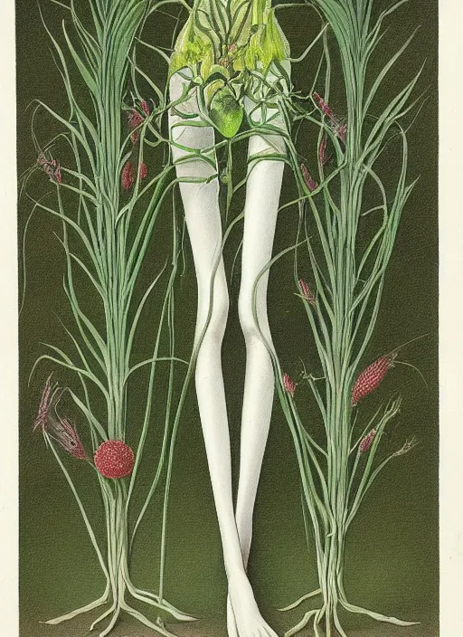 Image similar to fantasy scientific botanical illustration of a green tall plant walking around with human legs