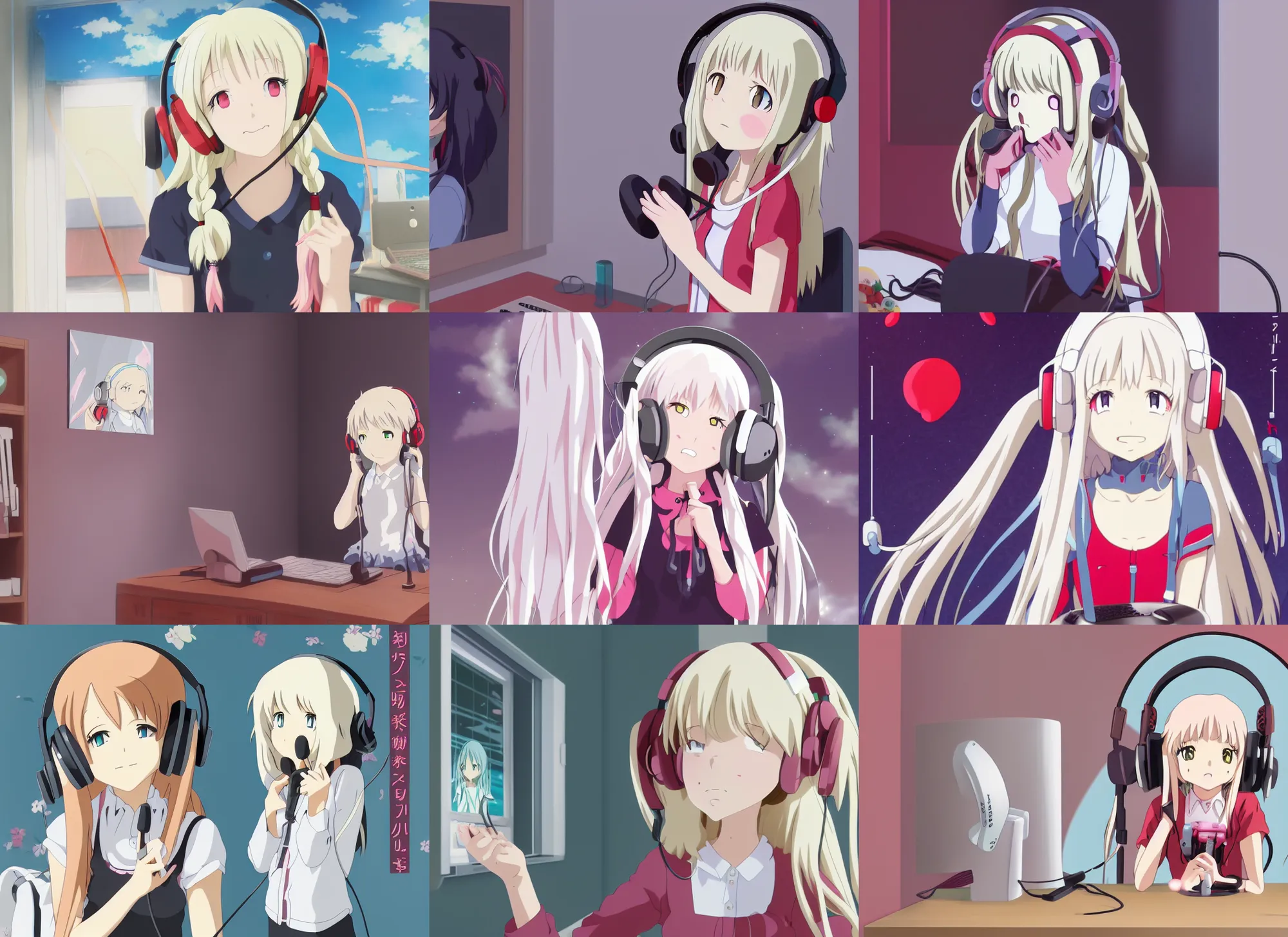 Prompt: anime visual of a cute girl, with + ( ( red eyes ) ) + long white hair + ( ( wearing a headset in her room interior ) ), poster by studio ghibli