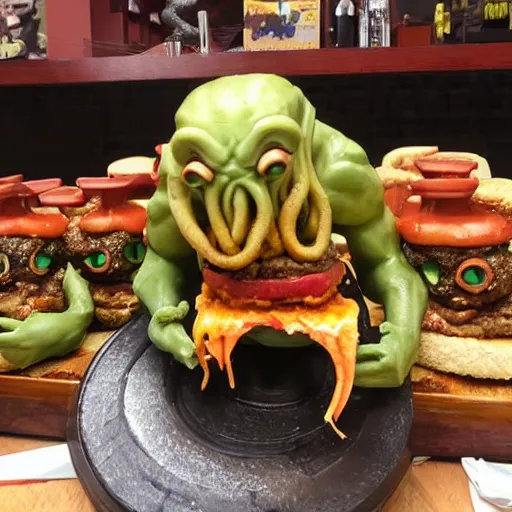 Prompt: Cthulhu eating a cheeseburger, photo realistic, award-winning, highly-detailed, epic, cinematic, dramatic