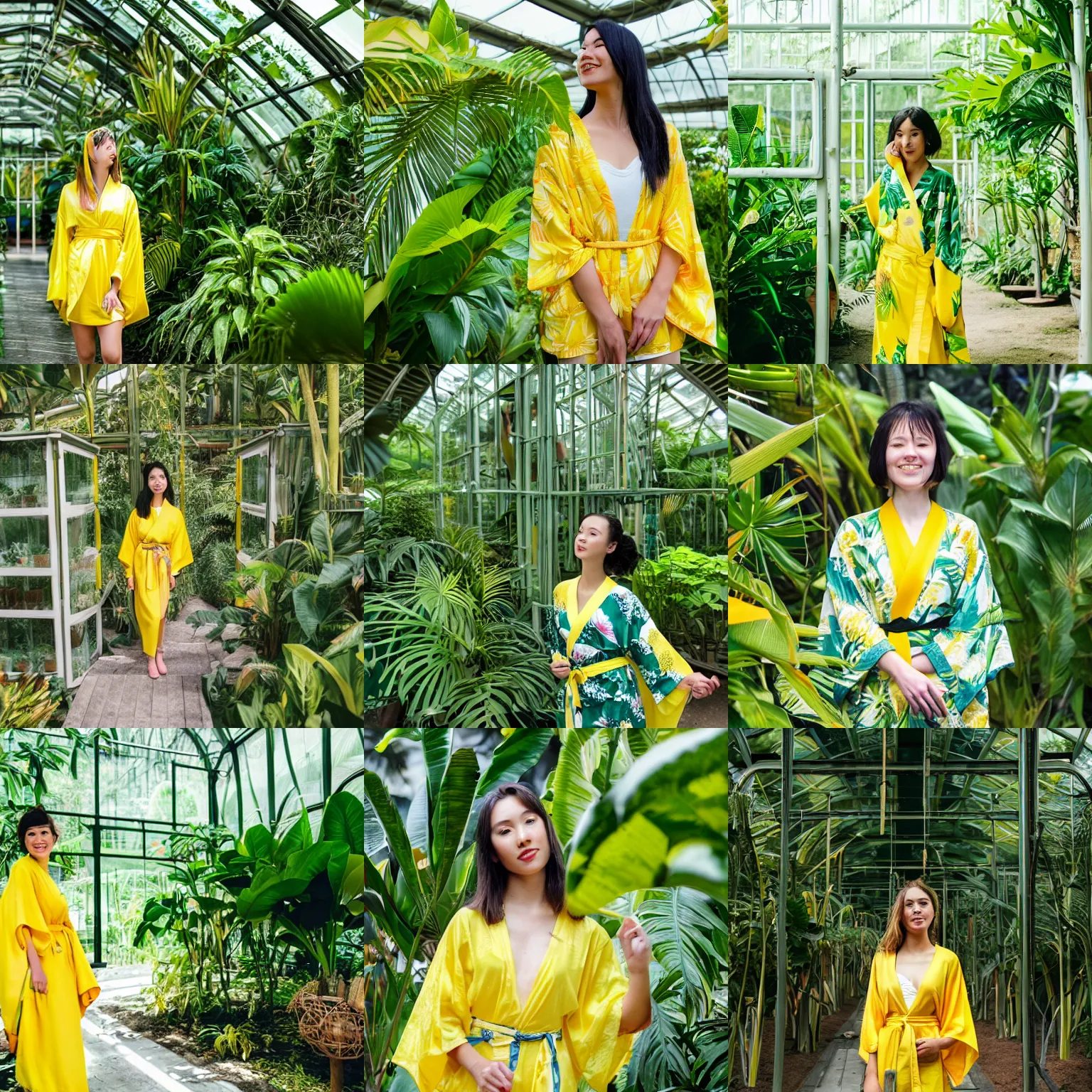 Prompt: A beautiful young woman wearing a yellow kimono in a tropical green house
