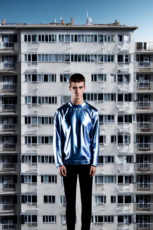 Image similar to un ultra high definition studio quality photographic art portrait of a young man standing on the rooftop of a british apartment building wearing soft padded silver pearlescent clothing. three point light. extremely detailed. golden ratio, ray tracing, volumetric light, shallow depth of field. set dressed.