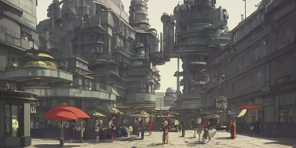 Prompt: An imposing futuristic building lights up an wide city square, dieselpunk, by Studio Ghibli and Edward Hopper