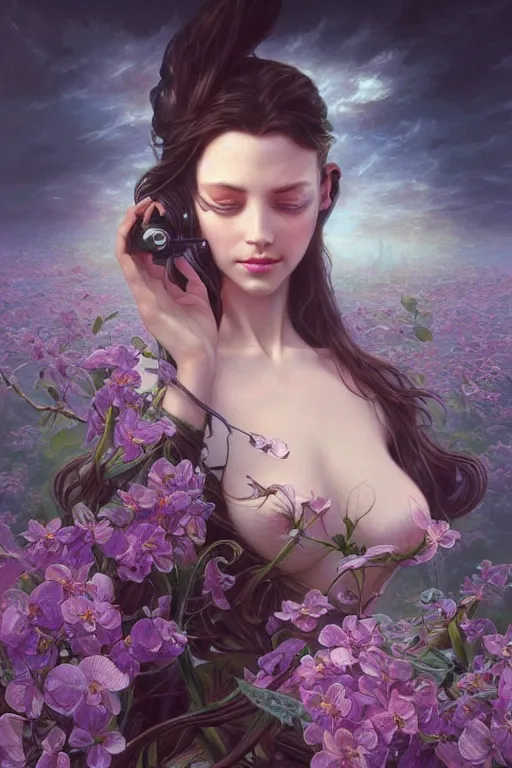 Prompt: ultra realistic illustration, beautiful feminine orchid, close up shot, cyberpunk, sci-fi, fantasy, intricate, elegant, highly detailed, digital painting, artstation, concept art, smooth, sharp focus, illustration, art by artgerm and greg rutkowski and alphonse mucha, rene magritte, surrealism