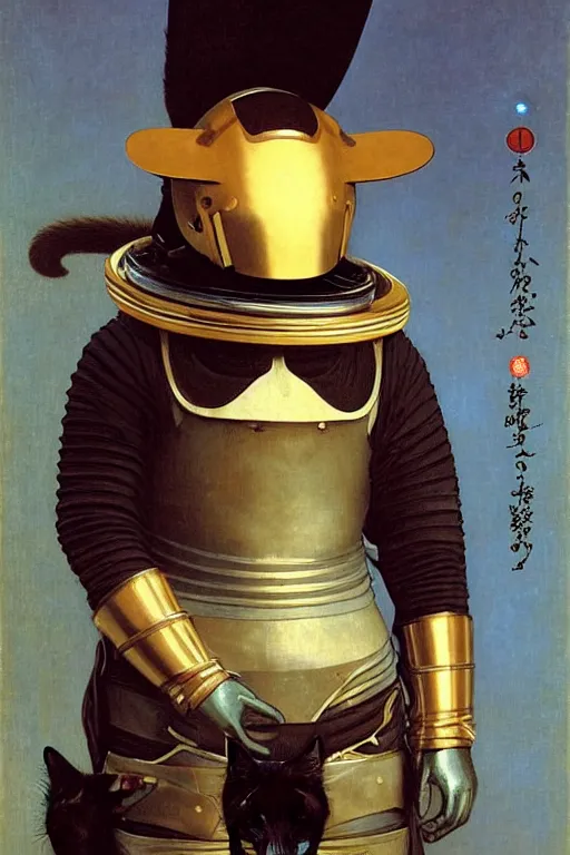 Prompt: portrait of a cat astronaut with japanese samurai armor and helmet, majestic, solemn, by bouguereau