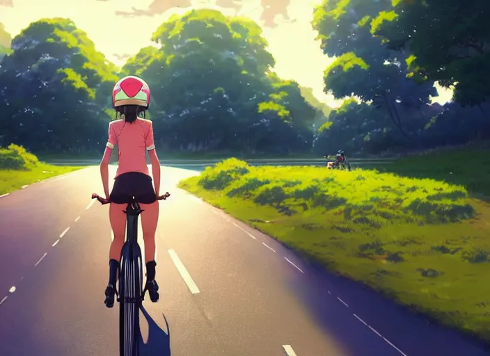 Image similar to portrait of cute girl riding road bike, sunny sky background, lush landscape, illustration concept art anime key visual trending pixiv fanbox by wlop and greg rutkowski and makoto shinkai and studio ghibli and kyoto animation, symmetrical facial features, sports clothing, cylcing helmet, nike cycling suit, backlit, aerodynamic frame, from long riders