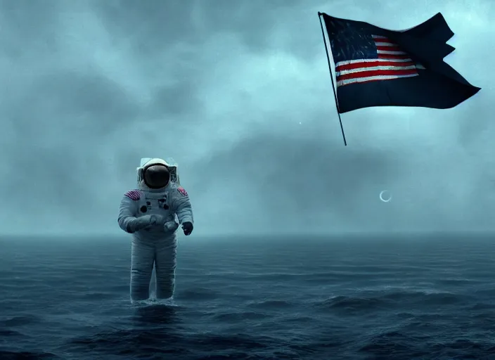 Image similar to astronaut holding a flag in an underwater desert. a submarine is visible in the distance. dark, concept art, cinematic, dramatic, atmospheric, 8 k, trending on artstation, blue, fish, low visibility, fog, ocean floor, christopher nolan, interstellar