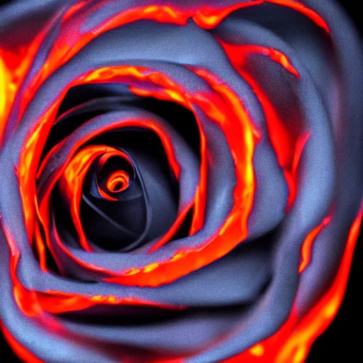 Image similar to award - winning macro of a beautiful black rose made of glowing molten magma, inner glow, lava texture