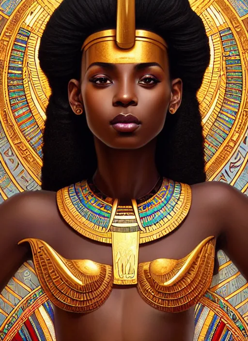 Prompt: close up portrait of beautiful maat egyptian symbolism, flawless dark brown skin, perfect features, gorgeous west african woman by artgerm, cushart krenz, greg rutkowski, mucha. art nouveau. gloomhaven, swirly vibrant ripples, gaudy colors, sharp edges. ultra clear detailed. 8 k. elegant, intricate, octane render