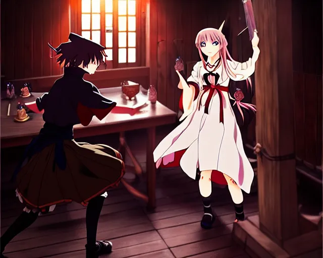 Image similar to key anime visual portrait of a young female witch in a tavern interior defending a companion, dynamic pose, dynamic perspective, cinematic, dramatic lighting.