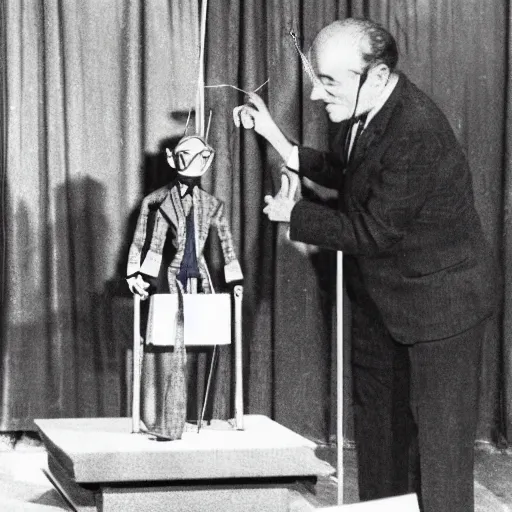 Image similar to puppeteer using marionette of a president in a podium