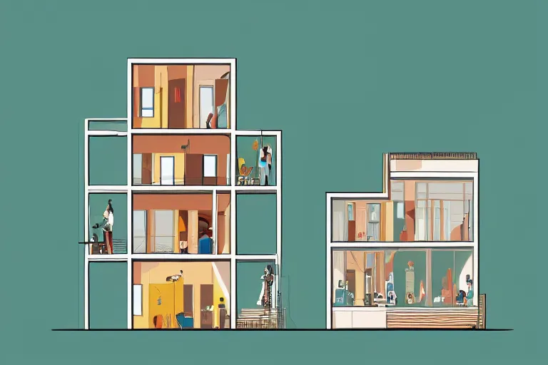 Image similar to a beautiful flat 2 dimensional illustration of a cross section of a house, view from the side, a storybook illustration by muti, colorful, minimalism, featured on dribble, behance hd, dynamic composition