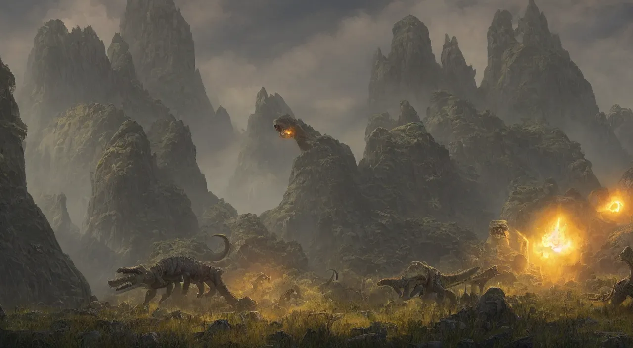 Image similar to technicolor dinosaurs, glowing with magic, surrounded by slate grey walls, matte painting, fantasy art, concept art, greg rutkowski, james gurney, johannes voss, hasui kawase.