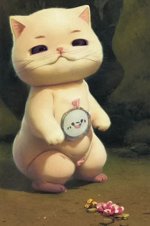 Image similar to a very cute kawai little fat cat baby, smiling and proud, from dr slump, beautiful painting by louis remy mignot, greg rutkowski, ilya repin, nice lighting, smooth tiny details, soft and clear shadows, low contrast, perfect