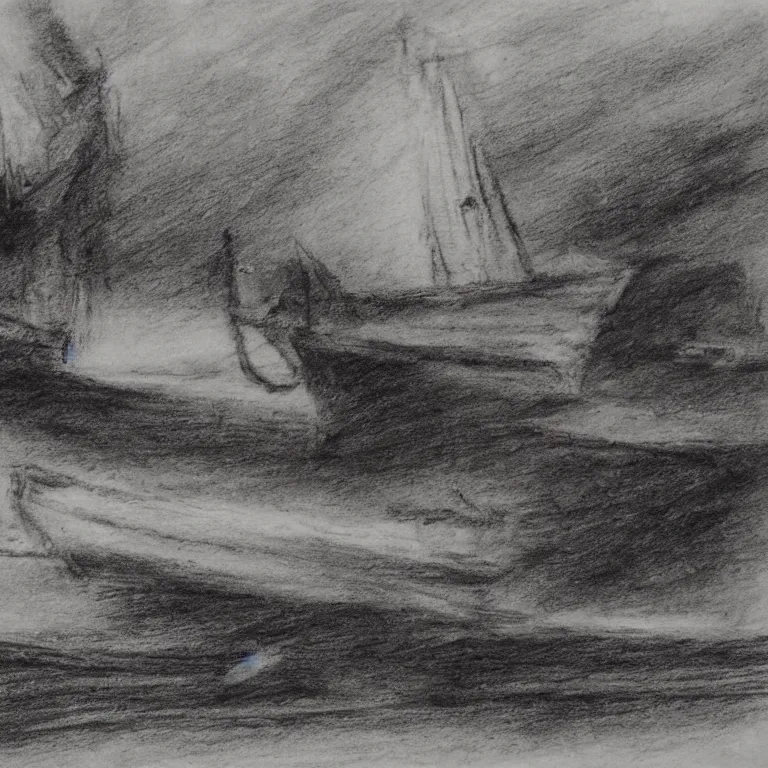 Image similar to the ship of theseus wrecked upon the night's plutonian shore, charcoal sketch by Edgar Allan Poe