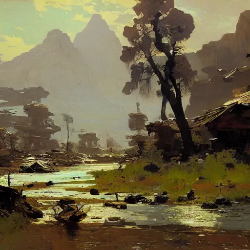 Image similar to earthy by frederic remington, by wadim kashin. the computer art is of a small village with a river running through it. in the distance, there are mountains. the sky is clear & the sun is shining.