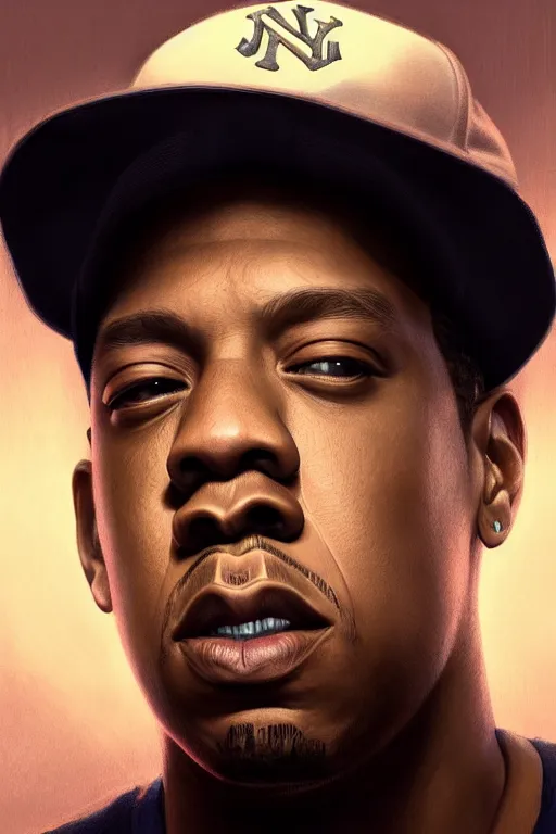 Image similar to portrait of jay - z with ny baseball hat, staring directly into camera, intricate, elegant, glowing lights, highly detailed, digital painting, artstation, sharp focus, illustration, art by wlop, mars ravelo and greg rutkowski