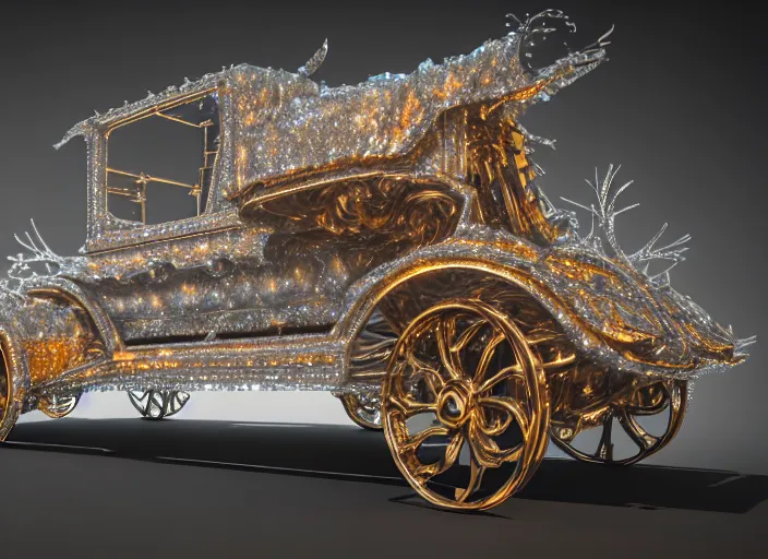 Prompt: cinderella stage coach, white pearlescent, chrome, iridescent titanium, crystal, liquid gold, copper, bronze biomechanical, cinematic, crystalline masterpiece incrustations, hyperdetailed metalwork, in volumetric soft glowing mist, movie still, octane render, pixar, crepuscular rays,