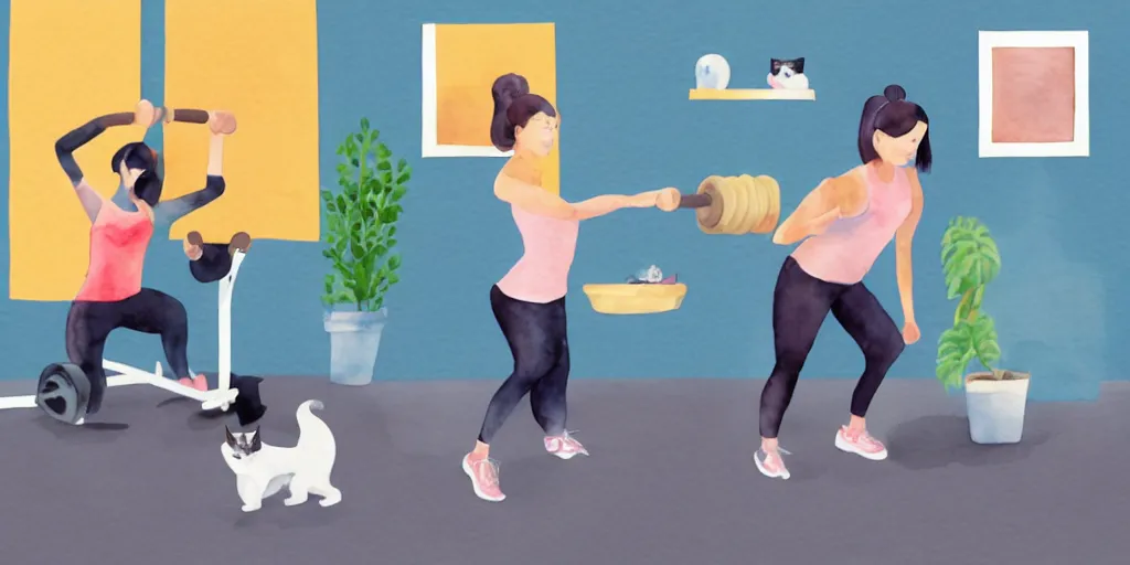 Prompt: watercolor illustration style, cute cat trainer training other cats in the fitness studio environment