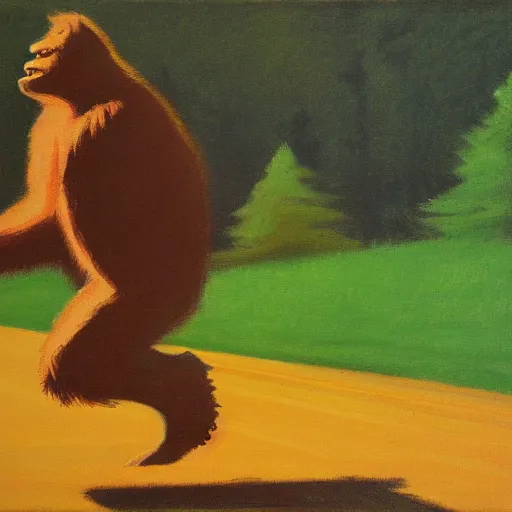 Prompt: Bigfoot running threw a large field in the style of Edward hopper