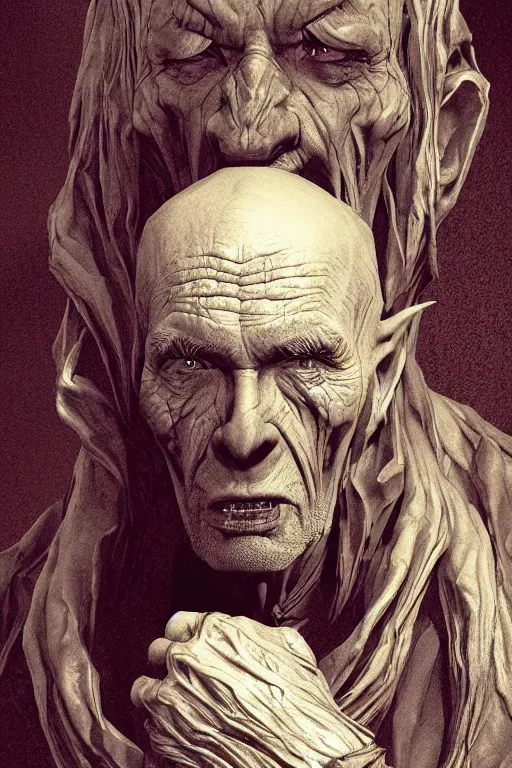 Image similar to portrait of a old vampire with long bear, intricate wrinkles, dystopian terror, night light, extremely detailed, hands, digital painting, lighting by candles, sculpted in zbrush, artstation, concept art, smooth, sharp focus, illustration, chiaroscuro lighting, golden ratio, incredible art by Stanley Artgerm Lau and Greg Rutkowski, composition by Alphonse Mucha and Simon Stalenhag