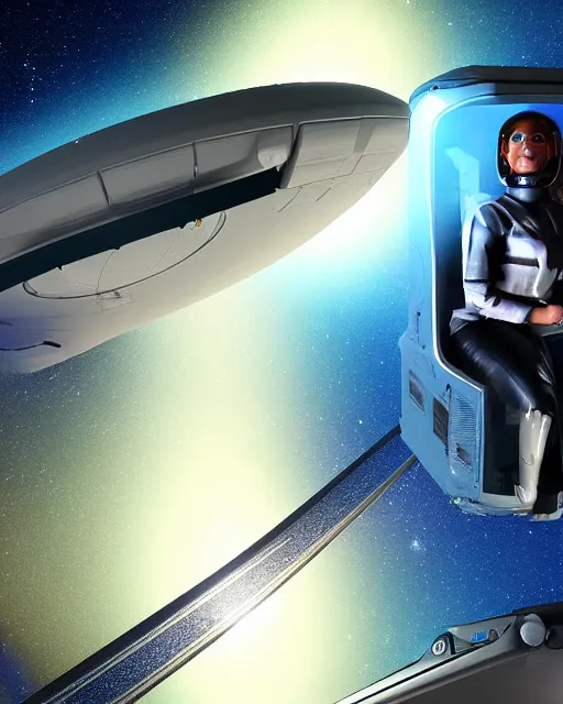 Image similar to A female Android extraterrestrial pilot in the control seat while flying the spacecraft. A viewing window in Background with a three-dimensional computer hologram showing as a reflection, insanely detailed, digital art